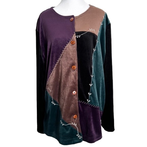 VTG Velvet Patchwork Button Down Top Embroidered Whimsigoth Fairy Grunge Size XL - Picture 1 of 11